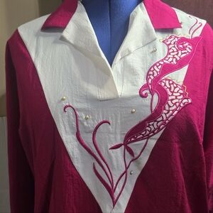 Vintage V-Neck Blouse, Size XL, Embroidered Maroon Swish Material